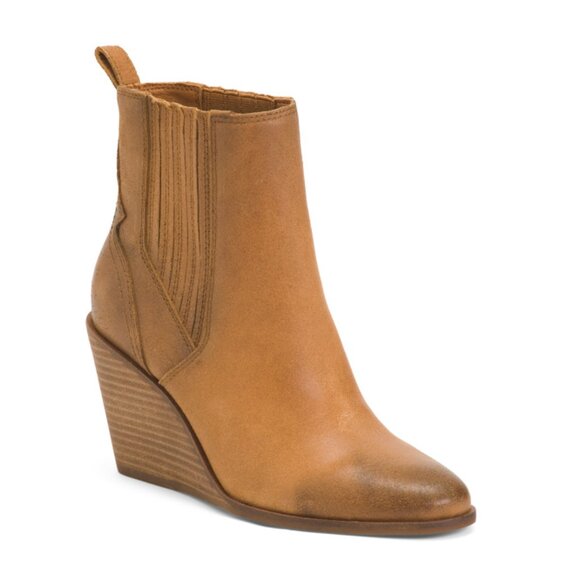 LUCKY BRAND Caramel Leather Wilano Wedge Booties - Picture 1 of 2